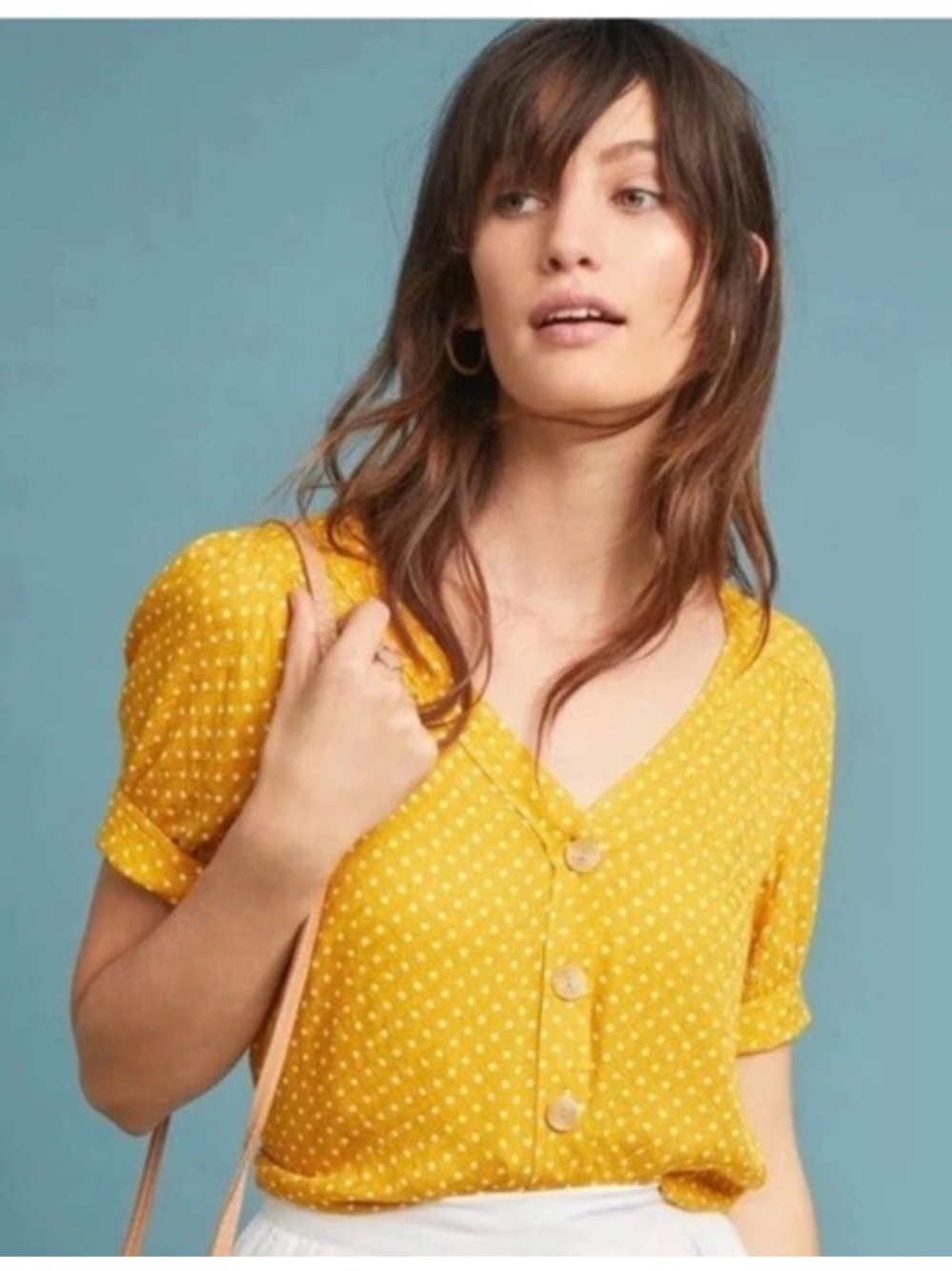 Anthropologie Yellow Dot V-Neck Button Blouse